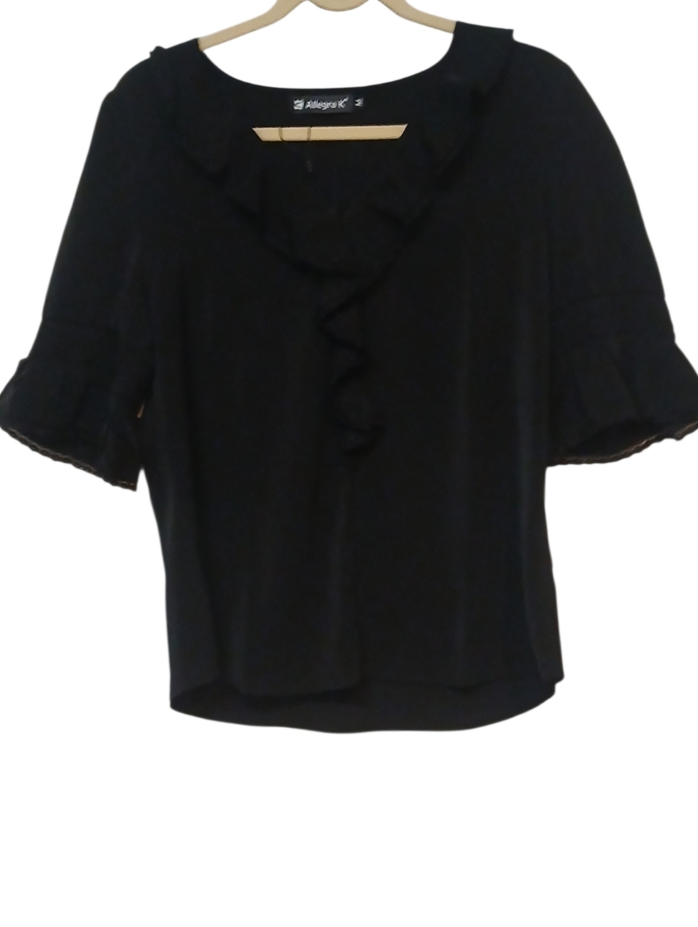 Allegra K - NWOT, Black Blouse W/ Lace Trim, Ruffles In Front & Sleeves, Size M - Picture 2 of 10